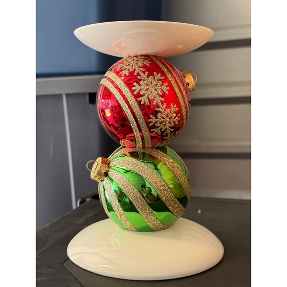 Bath & Body Works Christmas Ornament Pedestal 3 Wick Candle Holder Red Grn Gold - Picture 2 of 3